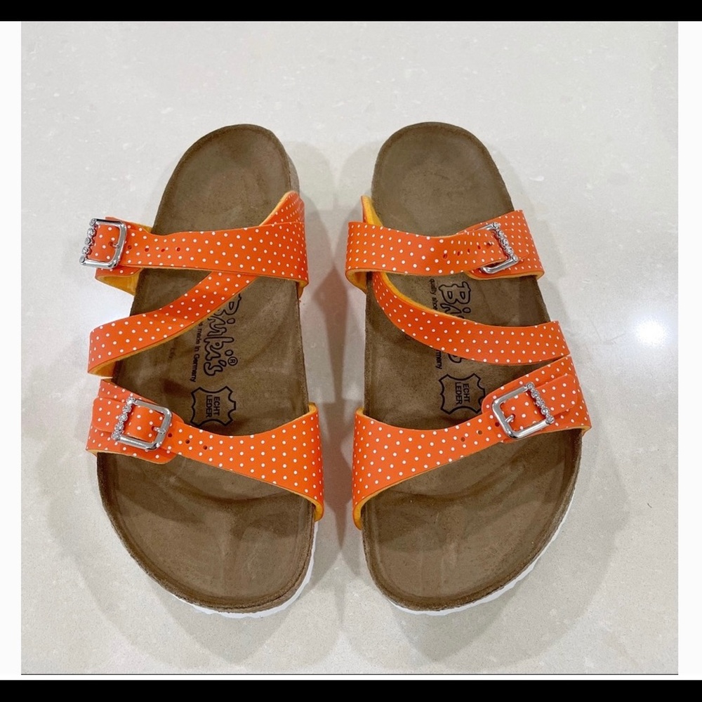 NWOT Birki's Salina Slides Orange White Dots Rhinestones 8